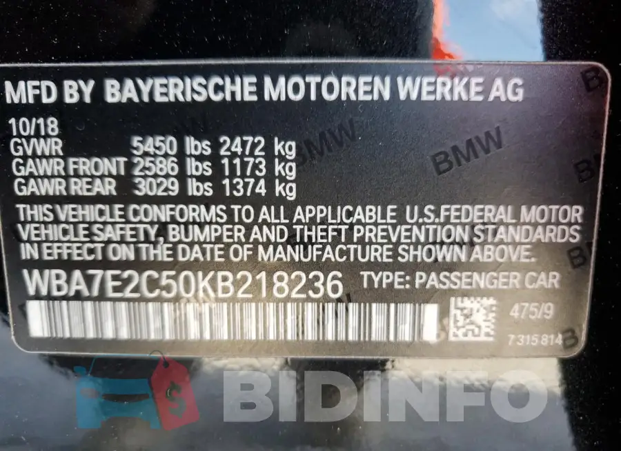 WBA7E2C50KB218236 Photo# 12