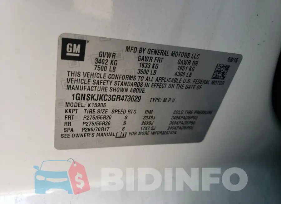 1GNSKJKC3GR473629 Photo# 13