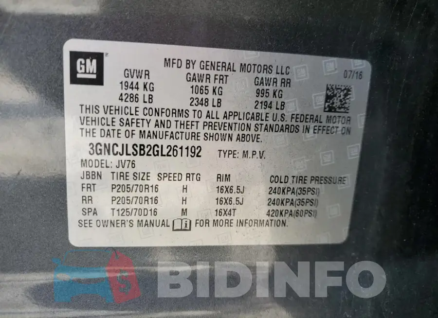 3GNCJLSB2GL261192 Photo# 12