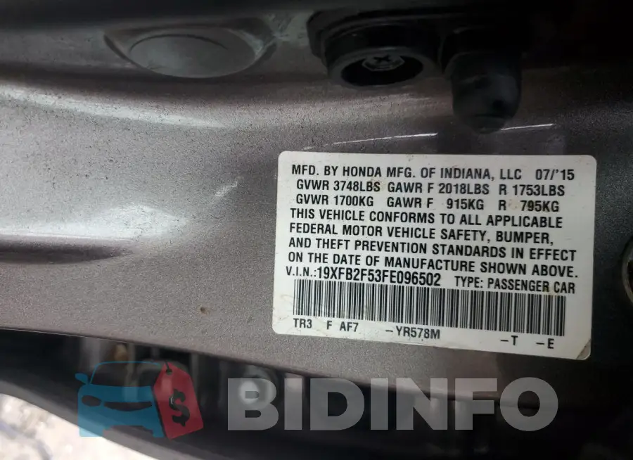 19XFB2F53FE096502 Photo# 13