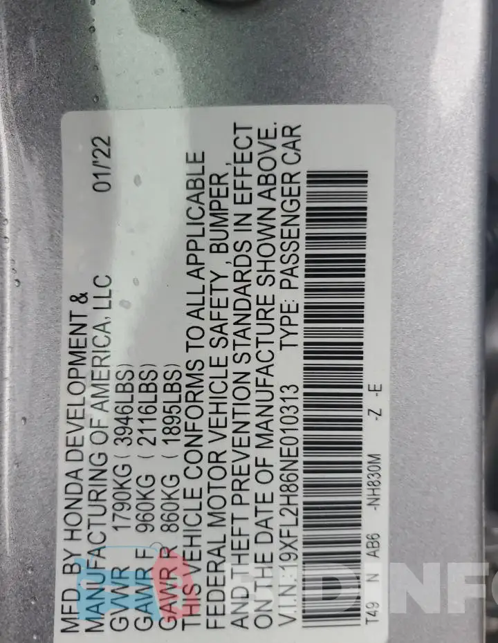 19XFL2H86NE010313 Photo# 12