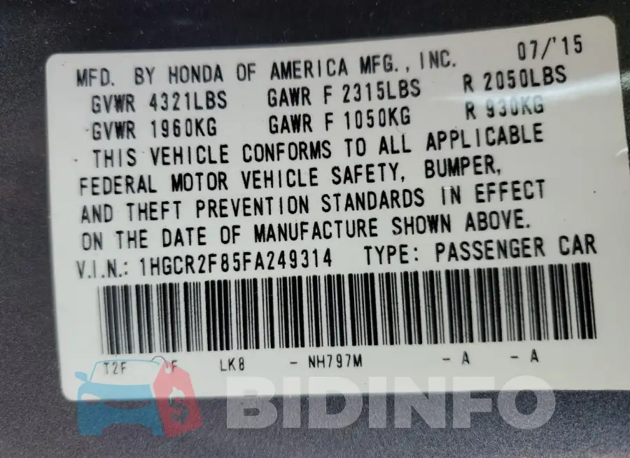 1HGCR2F85FA249314 Photo# 12