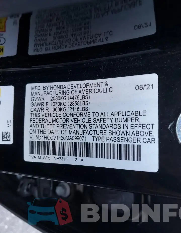 1HGCV1F30MA099071 Photo# 12
