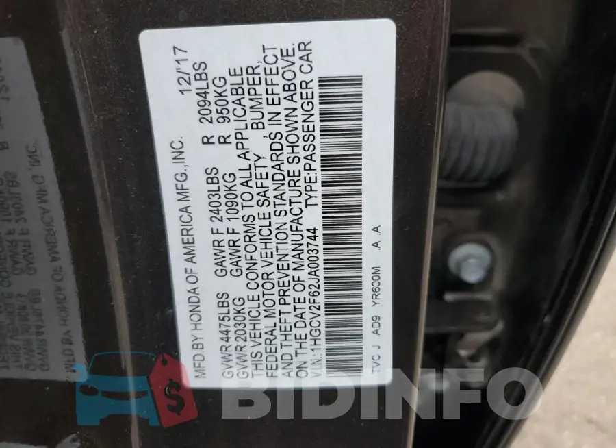 1HGCV2F62JA003744 Photo# 12