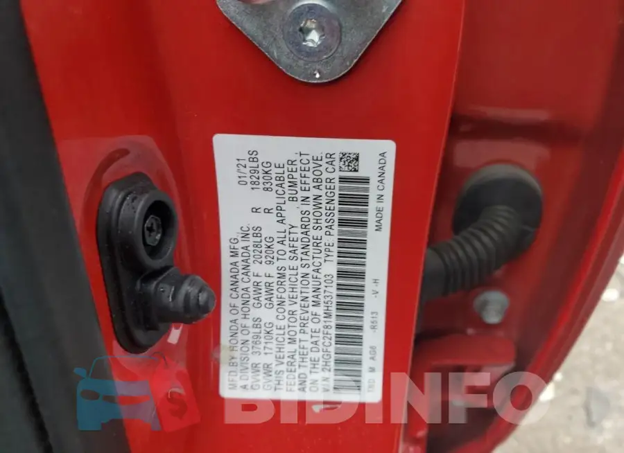 2HGFC2F81MH537103 Photo# 12