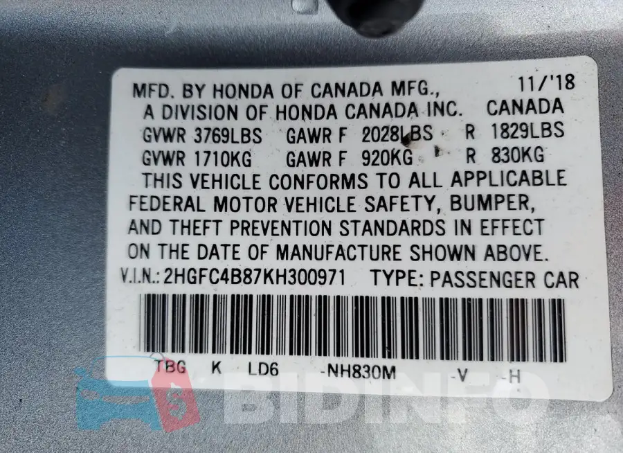 2HGFC4B87KH300971 Photo# 12