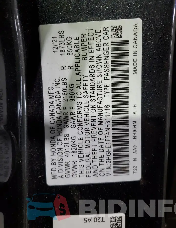 2HGFE1F74NH311716 Photo# 12