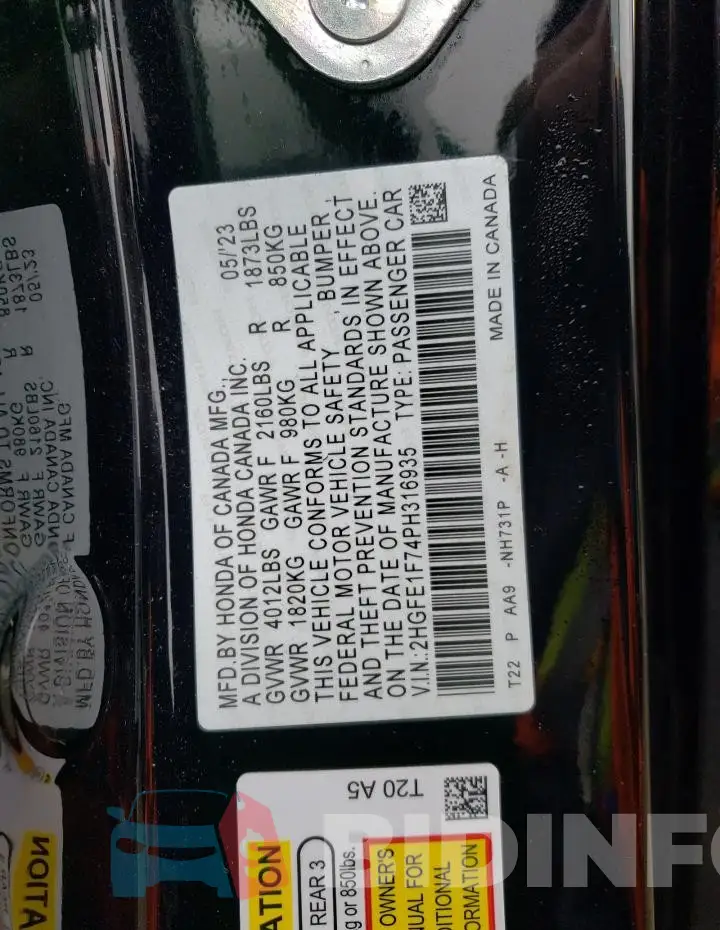 2HGFE1F74PH316935 Photo# 12