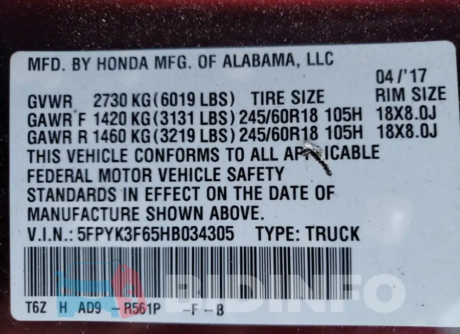 5FPYK3F65HB034305 Photo# 12