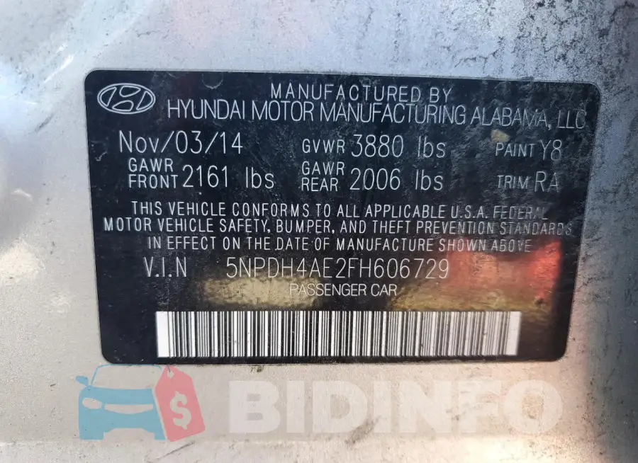 5NPDH4AE2FH606729 Photo# 12