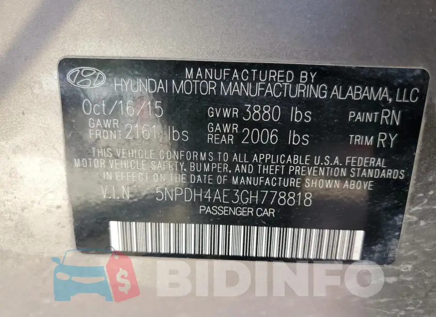 5NPDH4AE3GH778818 Photo# 12