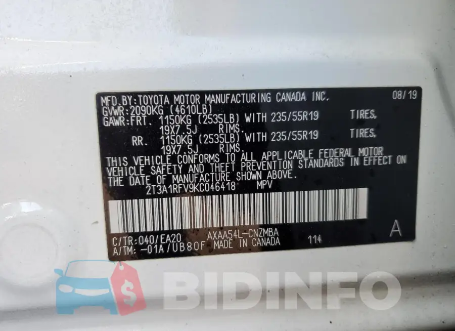 2T3A1RFV9KC046418 Photo# 13