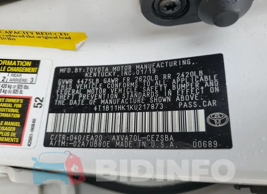 4T1B11HK1KU217873 Photo# 13