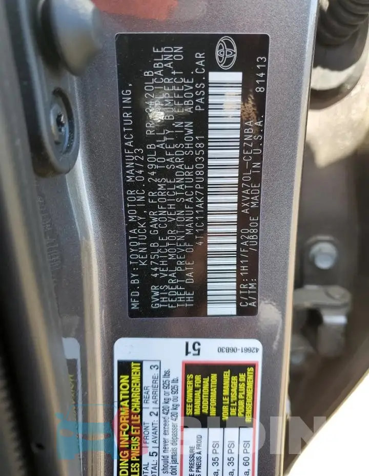 4T1C11AK7PU803581 Photo# 13