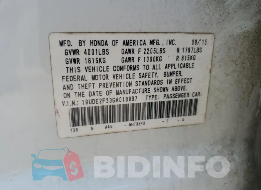 19UDE2F33GA018997 Photo# 12