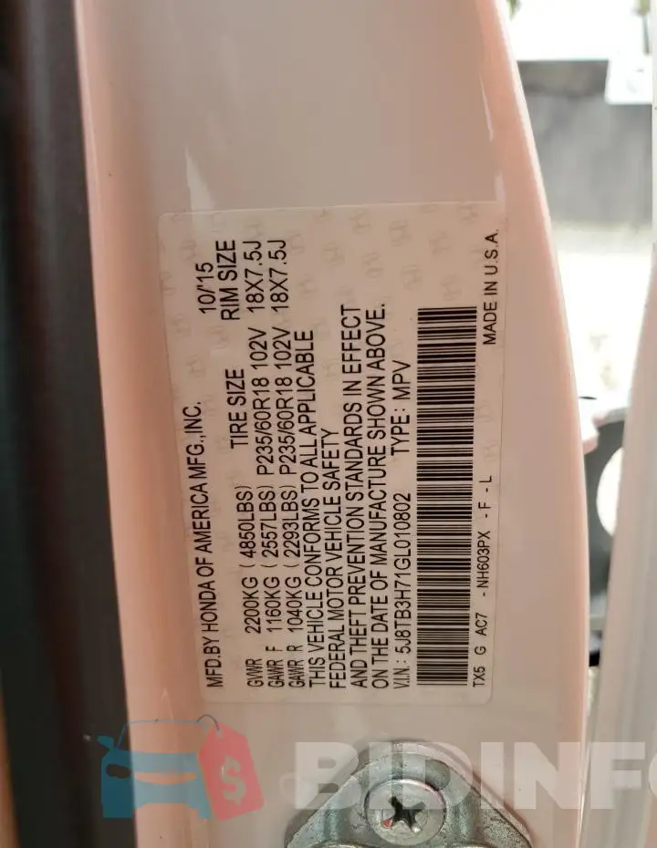 5J8TB3H71GL010802 Photo# 13