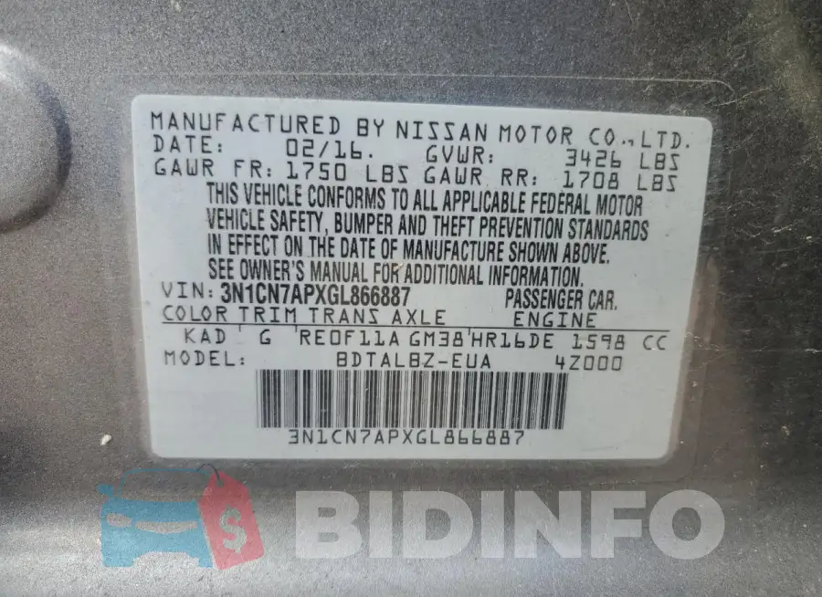 3N1CN7APXGL866887 Photo# 13
