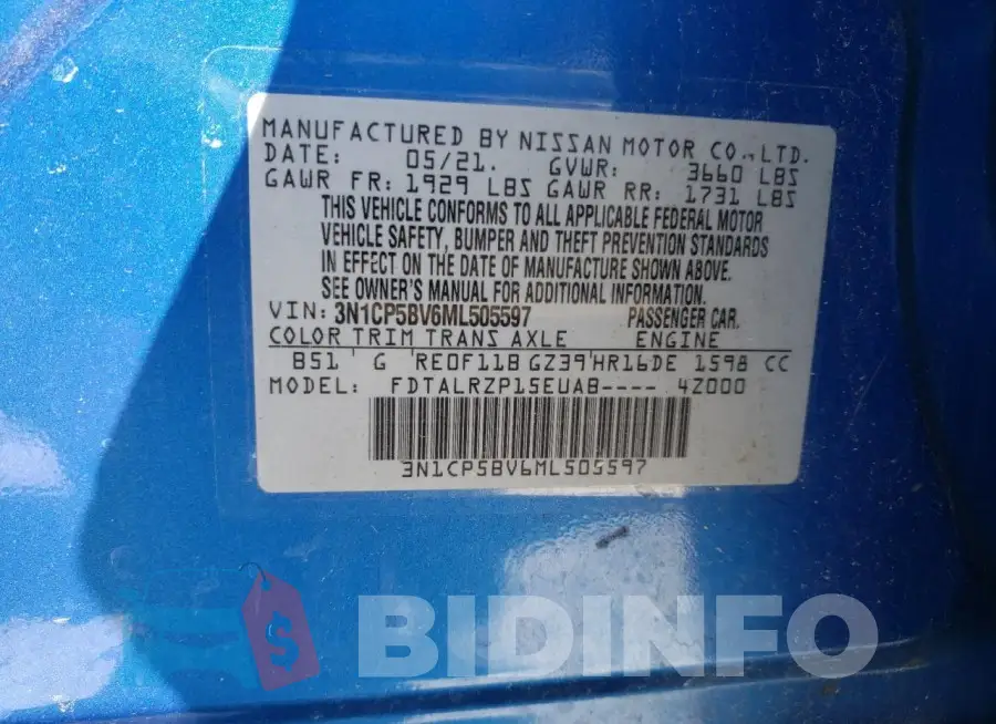 3N1CP5BV6ML505597 Photo# 13