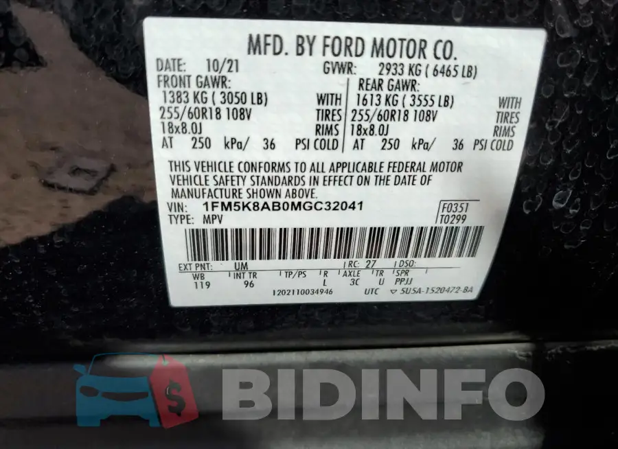 1FM5K8AB0MGC32041 Photo# 13