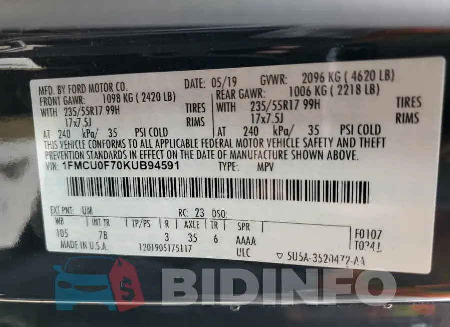 1FMCU0F70KUB94591 Photo# 14