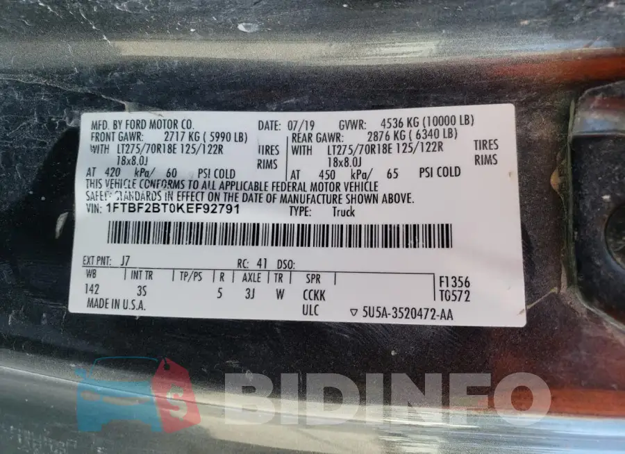 1FTBF2BT0KEF92791 Photo# 12
