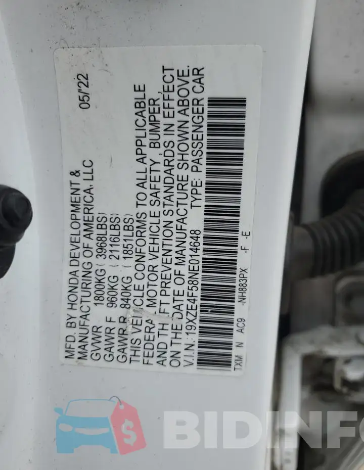 19XZE4F58NE014648 Photo# 12