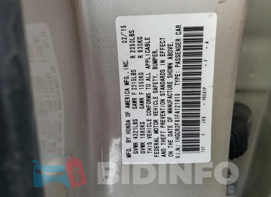 1HGCR2F81FA121815 Photo# 12