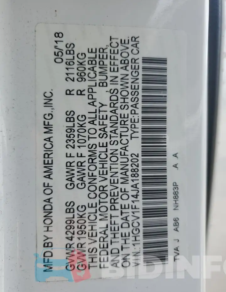 1HGCV1F14JA188202 Photo# 12