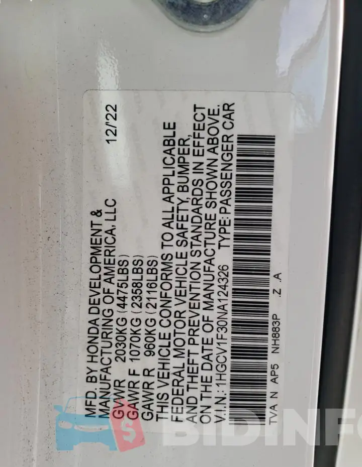 1HGCV1F30NA124326 Photo# 12