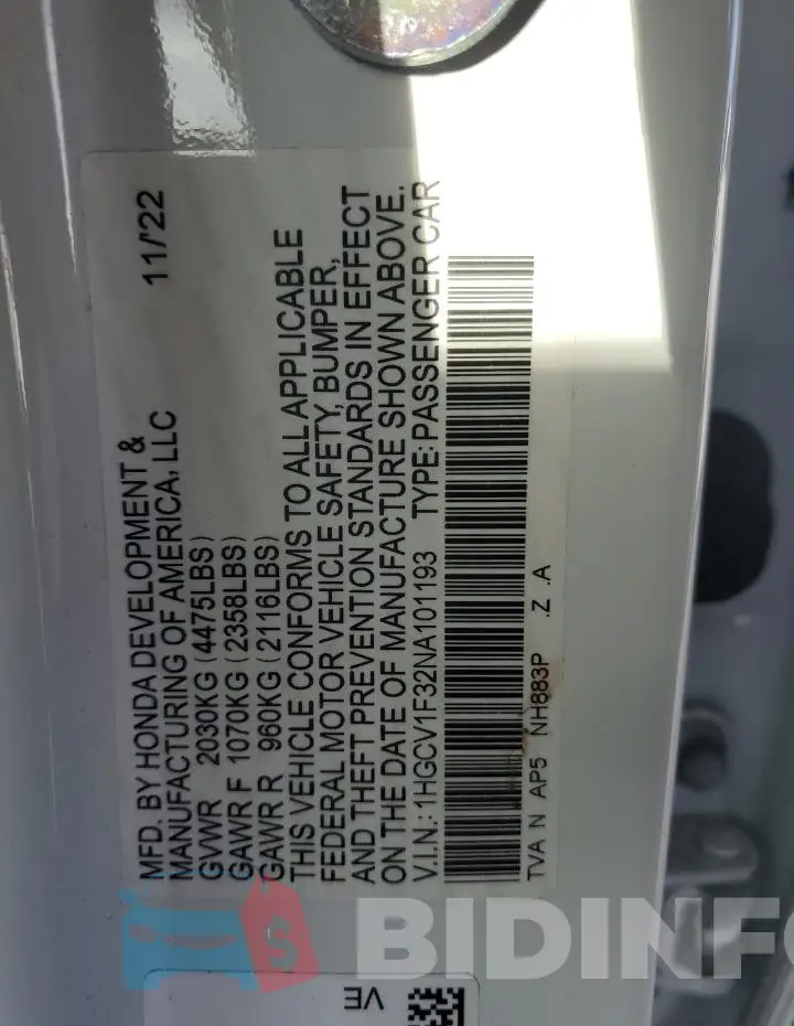 1HGCV1F32NA101193 Photo# 12