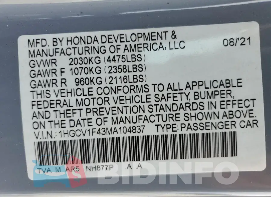 1HGCV1F43MA104837 Photo# 13