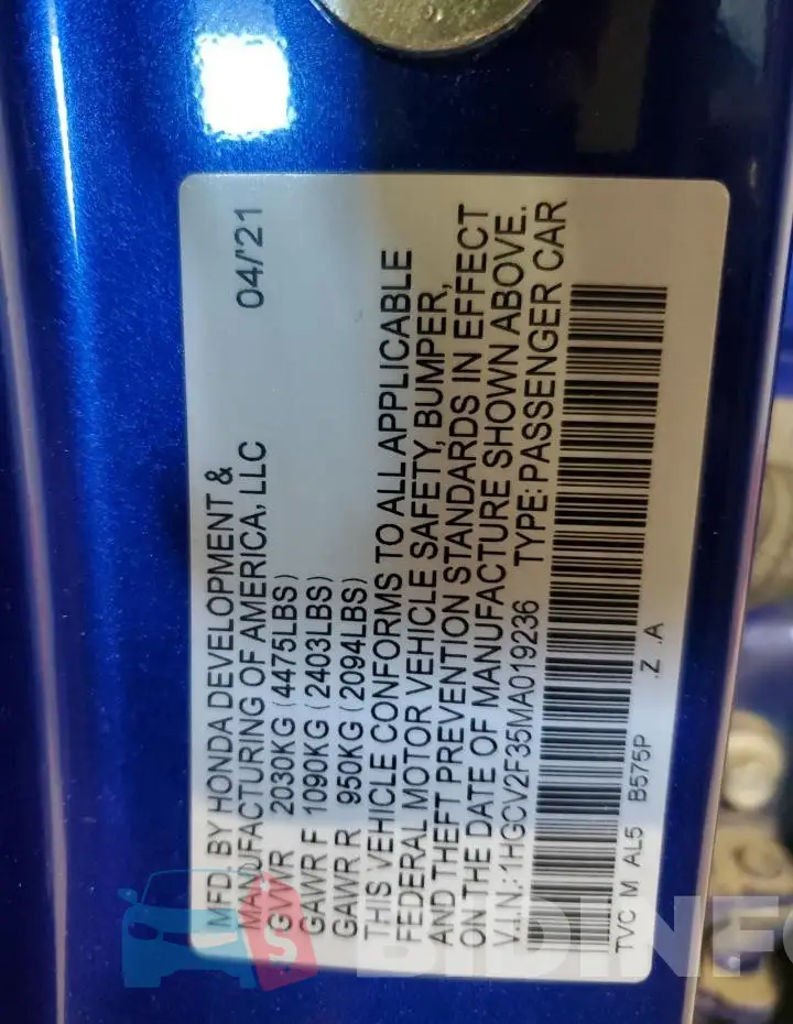 1HGCV2F35MA019236 Photo# 12