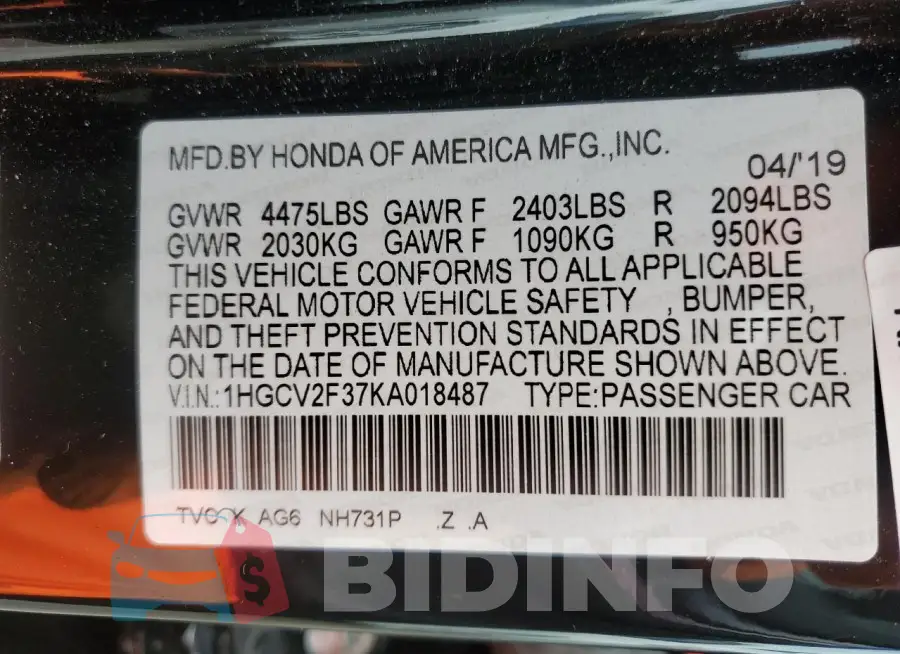 1HGCV2F37KA018487 Photo# 12