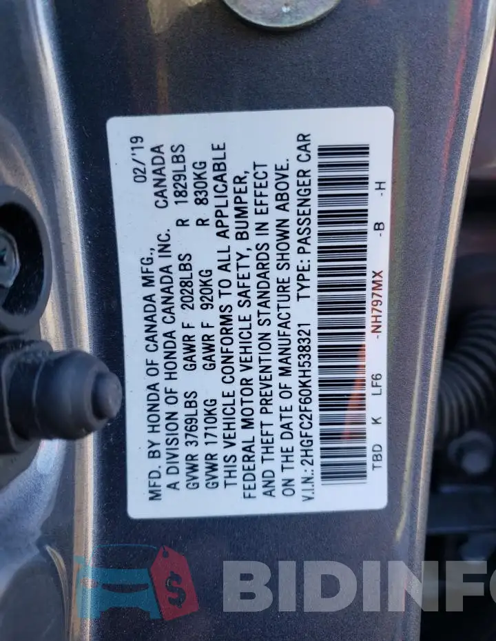 2HGFC2F60KH538321 Photo# 13