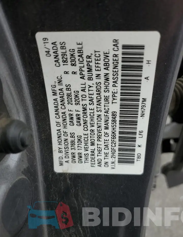 2HGFC2F66KH558489 Photo# 13