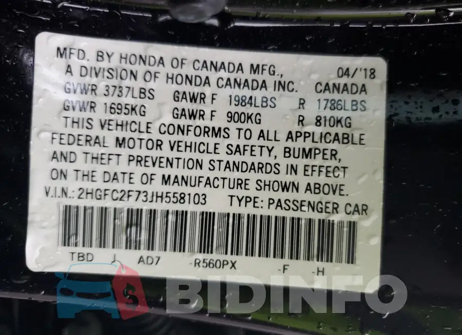 2HGFC2F73JH558103 Photo# 12