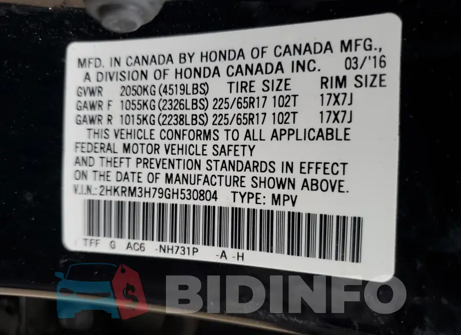 2HKRM3H79GH530804 Photo# 14