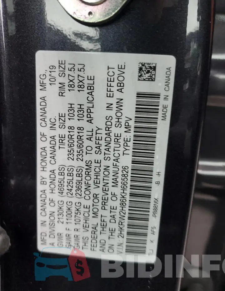 2HKRW2H86KH665826 Photo# 13