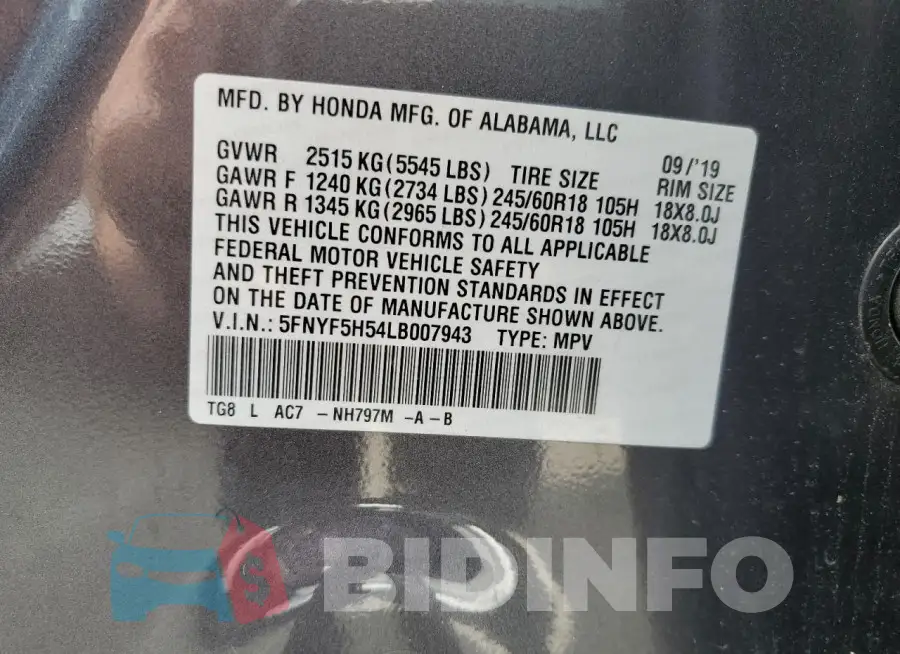 5FNYF5H54LB007943 Photo# 13