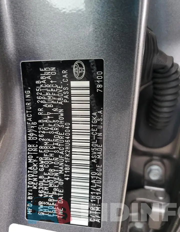 4T1BF1FK2HU640040 Photo# 12