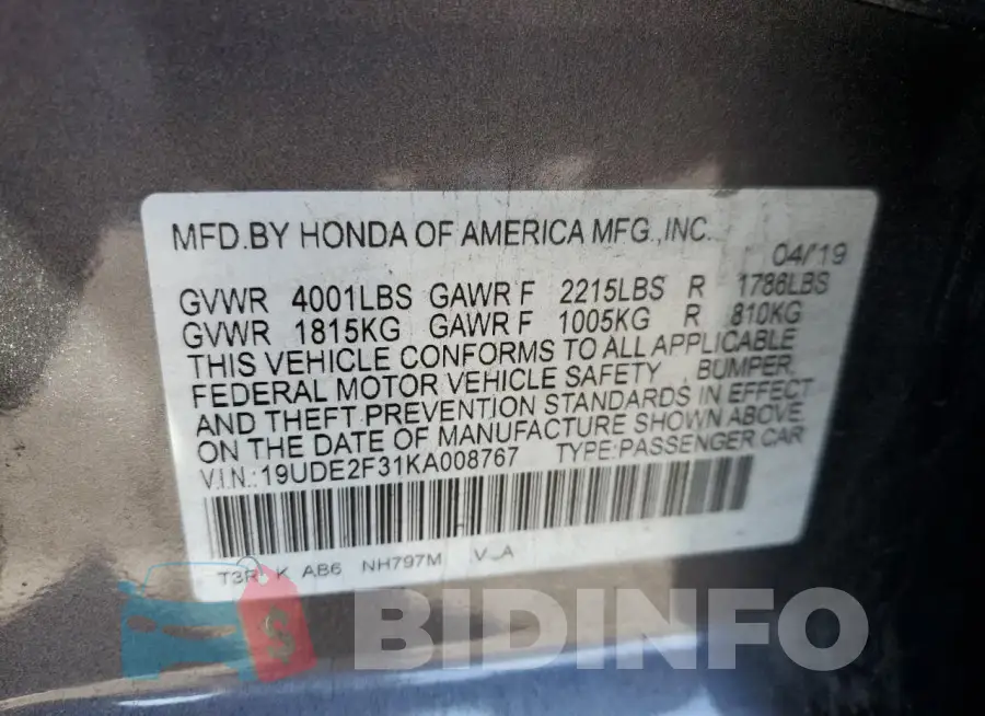 19UDE2F31KA008767 Photo# 12