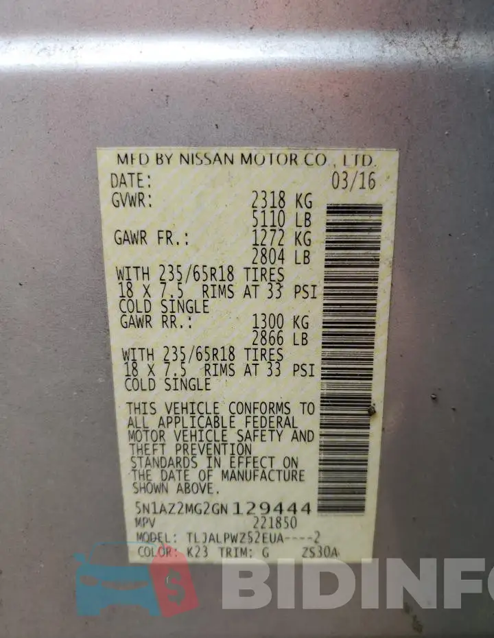 5N1AZ2MG2GN129444 Photo# 13