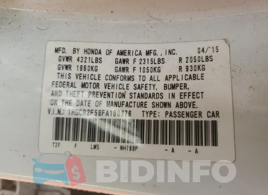1HGCR2F56FA160776 Photo# 12