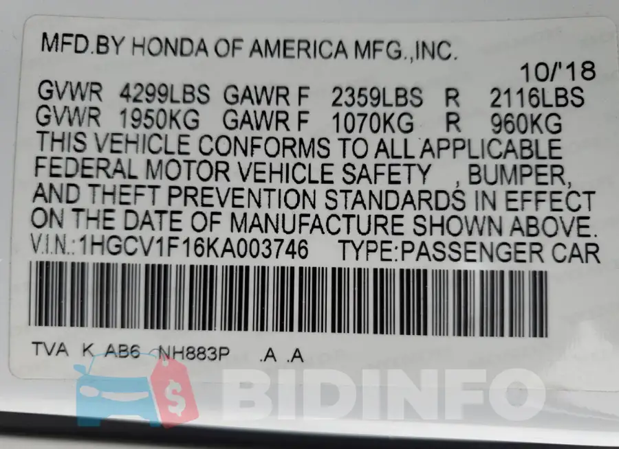 1HGCV1F16KA003746 Photo# 13