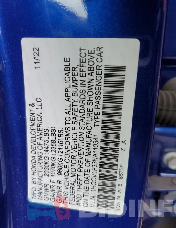 1HGCV1F33NA110341 Photo# 12