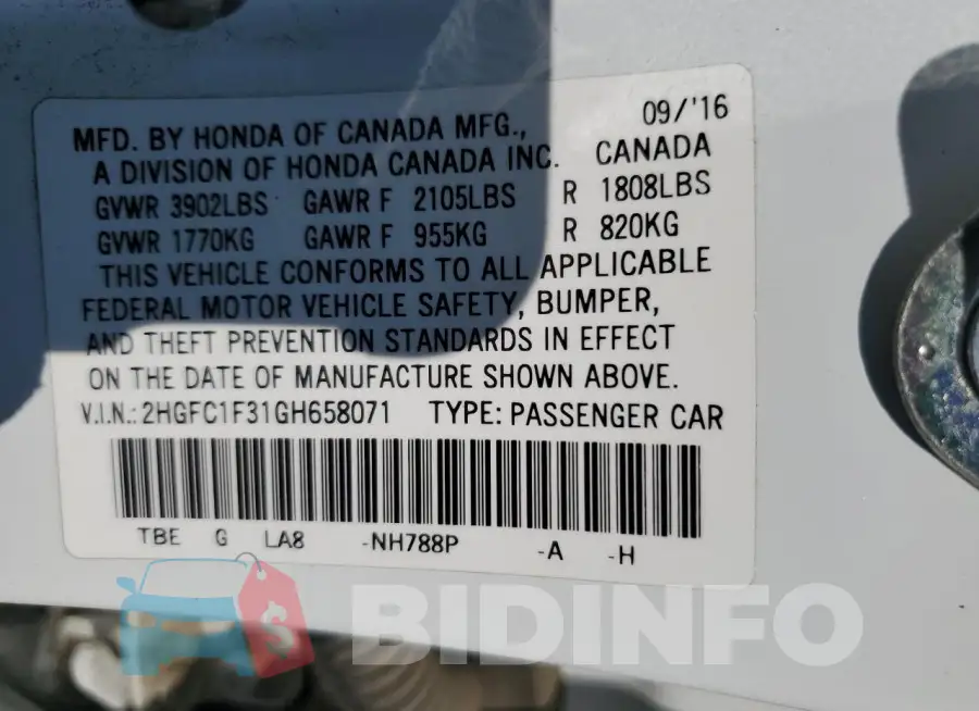 2HGFC1F31GH658071 Photo# 13