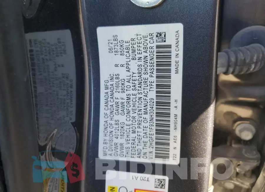 2HGFE1F93NH304029 Photo# 12