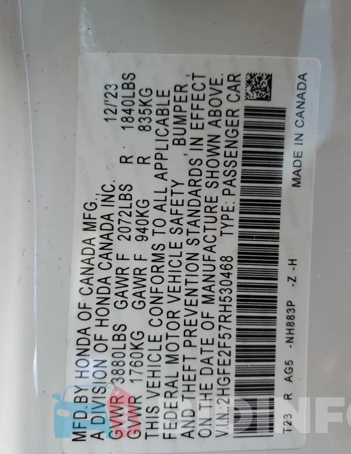 2HGFE2F57RH530468 Photo# 13