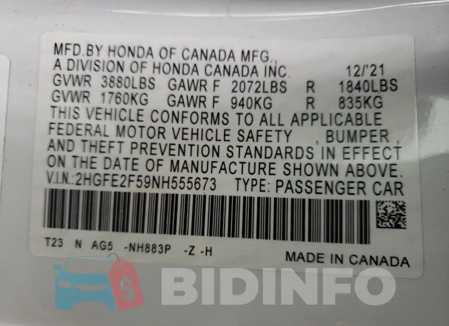 2HGFE2F59NH555673 Photo# 12