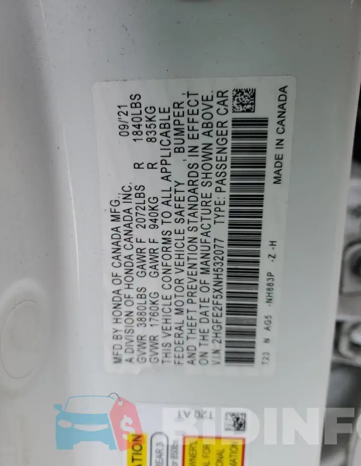 2HGFE2F5XNH532077 Photo# 13